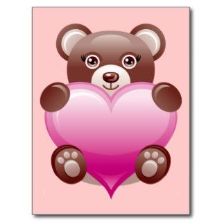BEAR HOLDING PINK HEART POST CARDS