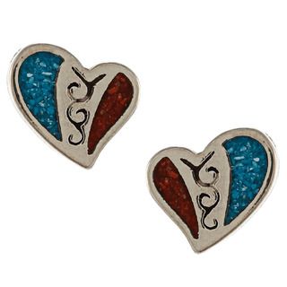 Southwest Moon Silvertone Turquoise and Synthetic Coral Heart Earrings Southwest Moon Gemstone Earrings