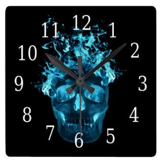 Blue Flaming Skull Square Clock