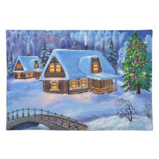 Christmas Log House in Winter Place Mat