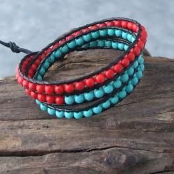 Chic Mix Preciouse Turquoise Red Coral Triple Wrap Leather Bracelet (Thailand) Bracelets