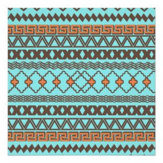 Trendy  Girly Brown Teal Tribal Zigzag Pattern Poster
