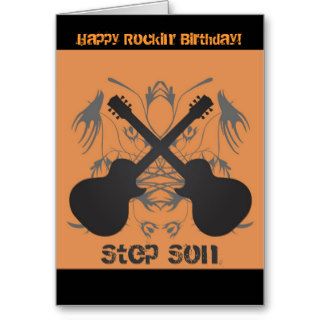 Happy Rockin' Birthday Step Son, black guitars Greeting Card