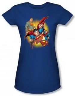 Jla Superman Collage Jrs Royal Sheer Cap Sleeve T Shirt JLA249 JS Clothing