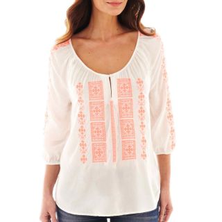 3/4 Sleeve Embellished Peasant Top, Ivory