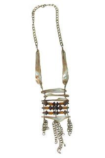 Irregular Brownlip Shell Elements with Mixed Glass & Wood Beads Chain Necklace Jewelry