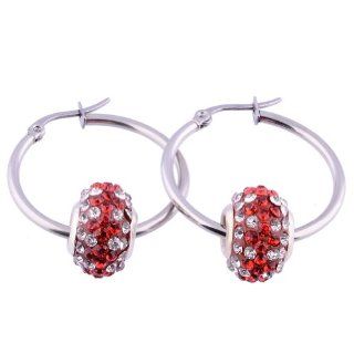Kadima One Pair (2pcs) Stainless Steel Hoop Earring with Clear/Red Crystal Pandora Beads 20MM Jewelry