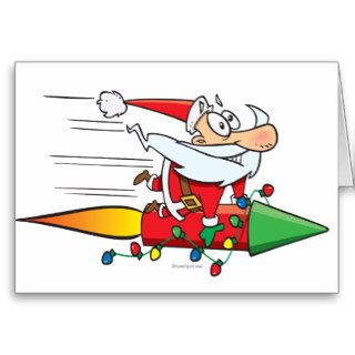 funny santa claus on a rocket cartoon greeting cards