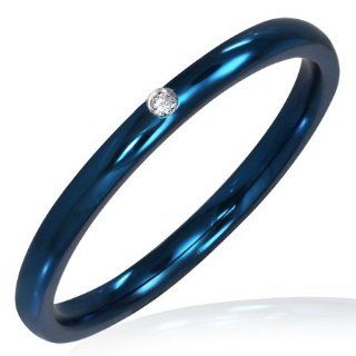 F R272 6 2mm Blue Anodized Stainless Steel Half Round Comfort Fit Band Ring With Cubic Zirconia   Size 6 Mission Jewelry