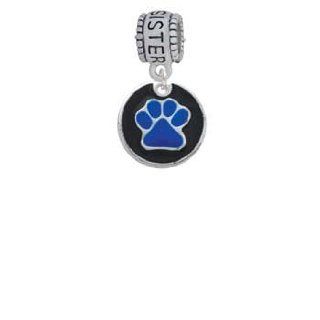 Navy Blue Paw on Black Disc Sister Charm Dangle Bead Jewelry