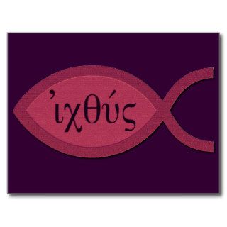 IXOYE Christian Fish Symbol   Red Parchment Postcards
