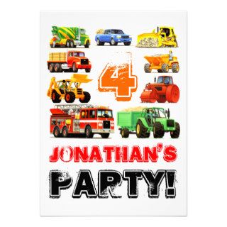 Big Trucks 4th Birthday Party Invitations