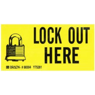 Brady 88304 4 1/2" Width x 2 1/4" Height B 302 Polyester, Black on Yellow Lockout Sign, Legend "Lock Out Here" Pack of 5 (with Picto) Industrial Warning Signs