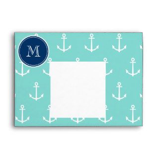 Mint Green White Anchors, Navy Blue Monogram Envelopes