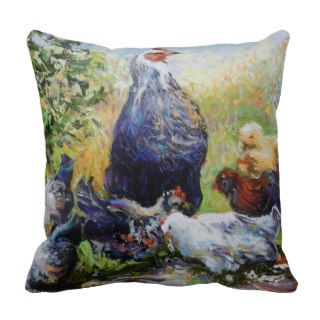 Black Hen with Chicks and Rooster Throw Pillows
