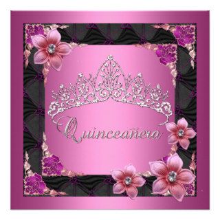 Quinceanera 15th Birthday Party Pink Tiara Black Personalized Invitations