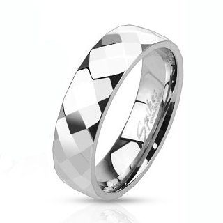 Stainless Steel Honey Comb Cut Faceted Band Ring   Band Width 6mm   Sizes 5 13 Jewelry