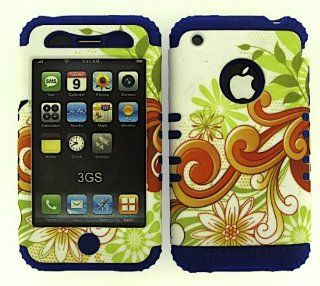 3 IN 1 HYBRID SILICONE COVER FOR APPLE IPHONE 3G 3GS HARD CASE SOFT DARK BLUE RUBBER SKIN FLOWERS DB TE283 KOOL KASE ROCKER CELL PHONE ACCESSORY EXCLUSIVE BY MANDMWIRELESS Cell Phones & Accessories