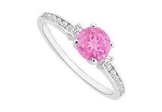 Pink Sapphire and Channel Set CZ Engagement Ring in Rhodium Treated Sterling Silver 0.75 CT TGW Fine Jewelry Vault Jewelry