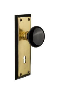 Nostalgic Warehouse NYKBLK 41 AB Privacy New York Plate with Black Porcelain Knob and Keyhole, Antique Brass   Doorknobs  