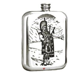 Hip Flask 6oz UK Pewter, Scottish Piper Stamped   Alcohol And Spirits Flasks
