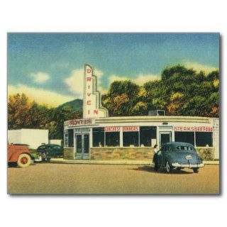 Vintage Restaurant, 50s Drive In Diner and Cars Post Cards