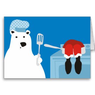 polar bear chef cooking eating santa Christmas car Cards