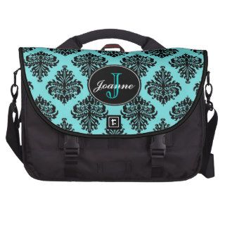 Aqua Black damask laptop bag personalize