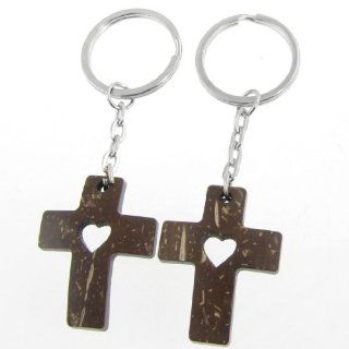 2 Pcs Heart Pattern Cross Design Pendant Wooden Keychain Sports & Outdoors