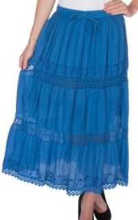 Sakkas 354 Solid Embroidered Lace Gypsy Bohemian Mid Length Cotton Skirt   Blue / One Size