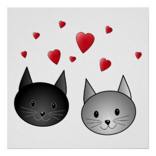 Cute Black and Gray Cats, with Hearts. Poster