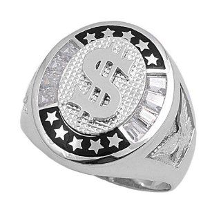 Sterling Silver Men's Clear CZ Dollar Sign Ring Classic Comfort Fit Band 23mm Size 12 Jewelry