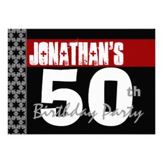 50th Birthday Party Black White Pattern and Red Announcements