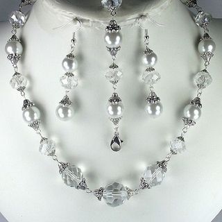 White Glass Pearl and Clear Crystal Jewelry Set Jewelry Sets