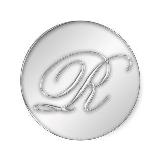 Letter R script initial faux silver monogram favor Round Stickers