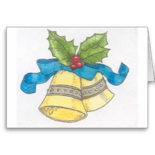 Holiday Christmas Bells Holly Blue Ribbon Design Greeting Cards