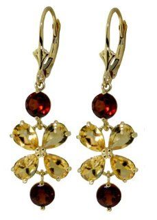 14k Solid Gold Garnet and Citrine Flower Dangle Earrings Jewelry