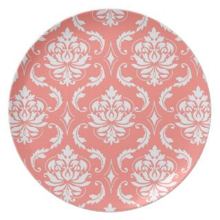 Coral Pink, White Damask Pattern Melamine Plates