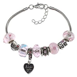 La Preciosa Silverplated Pink Bead and 'I Love You' Heart Charm Bracelet La Preciosa Crystal, Glass & Bead Bracelets