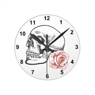 Human Skull With Red Rose Line Drawing Round Wallclocks