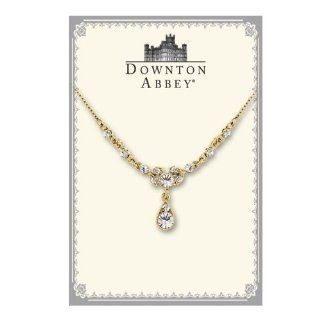 Downton Abbey Sparkling Diamond like Crystal Gold Tone Solitaire Drop Necklace Pendant Necklaces Jewelry