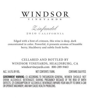 2010 Windsor Vineyards Zinfandel, California, 750ml Wine