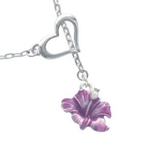 Purple Hibiscus Flower Heart Lariat Charm Necklace Delight Jewelry