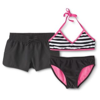 Girls Striped Bikini Top, Swim Bottom and Board Short Set   Black/Pink XL