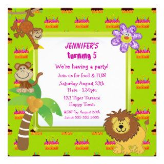 Cute Jungle Animals & Pink Cake Birthday Party Invitations