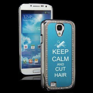 Light Blue Samsung Galaxy S4 S IV i9500 Rhinestone Crystal Bling Hard Back Case Cover KS212 Keep Calm and Cut Hair Scissors Cell Phones & Accessories