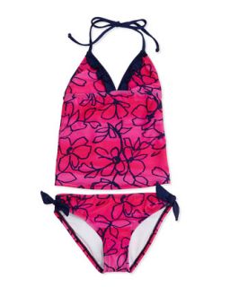Sunset Floral Print Tankini Swimsuit Set, Pink, 7 14