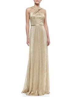 Halter Style Metallic Gown, Gold   David Meister