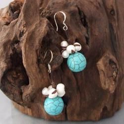 Cotton Turquoise Ball and Pearl Dangle Earrings (5 7 mm) (Thailand) Earrings