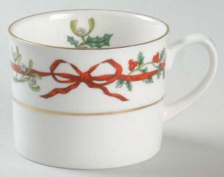 Royal Worcester Holly Ribbons Flat Cup, Fine China Dinnerware   Red Ribbons & Gr